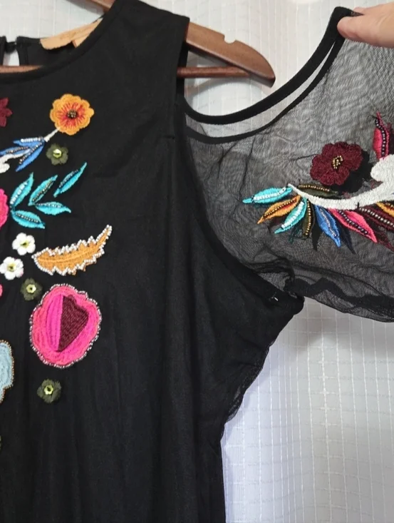 Kyra Tunic Black Cold Shoulder Large Embroidered Floral Tulle Whimsigoth Fairy - Picture 2 of 11